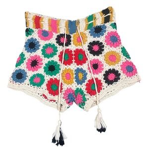 Farm Rio Crochet Granny Square Floral Shorts Multicolor Tassel Drawstring Medium